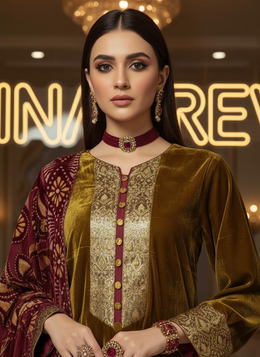 Chamki Velvet Ready to Wear 3 Pcs Dress with Palachi Shawl