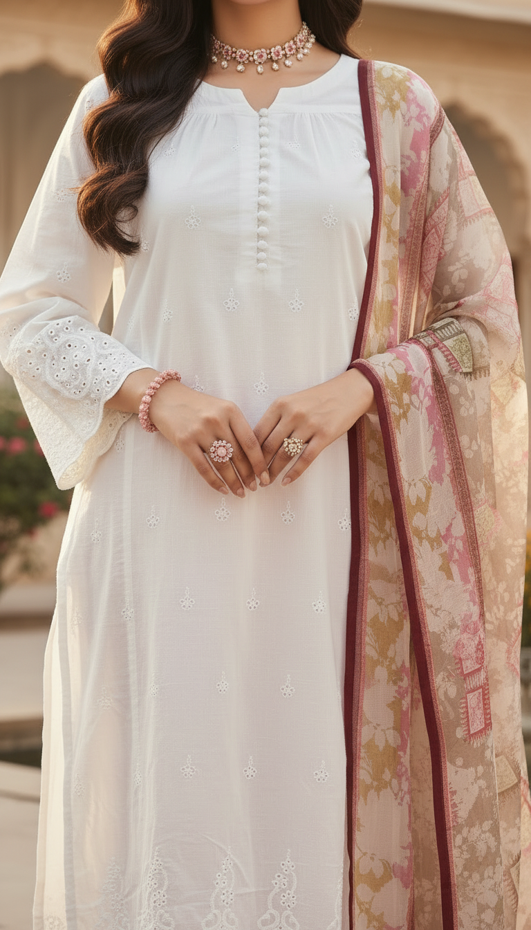 White Chikankari Embroidered 3 Pcs Dress with Chiffon dopatta