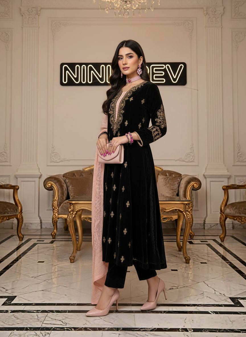 Qalamkar 3 Pcs Ready to Wear Velvet Dress with Palachi Shawl