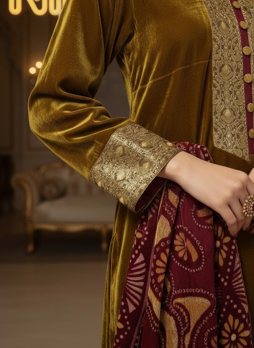 Chamki Velvet Ready to Wear 3 Pcs Dress with Palachi Shawl