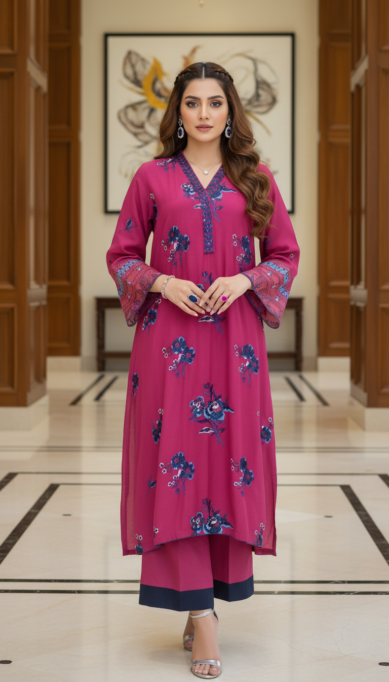 Pink Shimmer Kaftan 2 Pcs Embroidered Dress