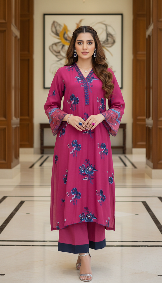 Pink Shimmer Kaftan 2 Pcs Embroidered Dress