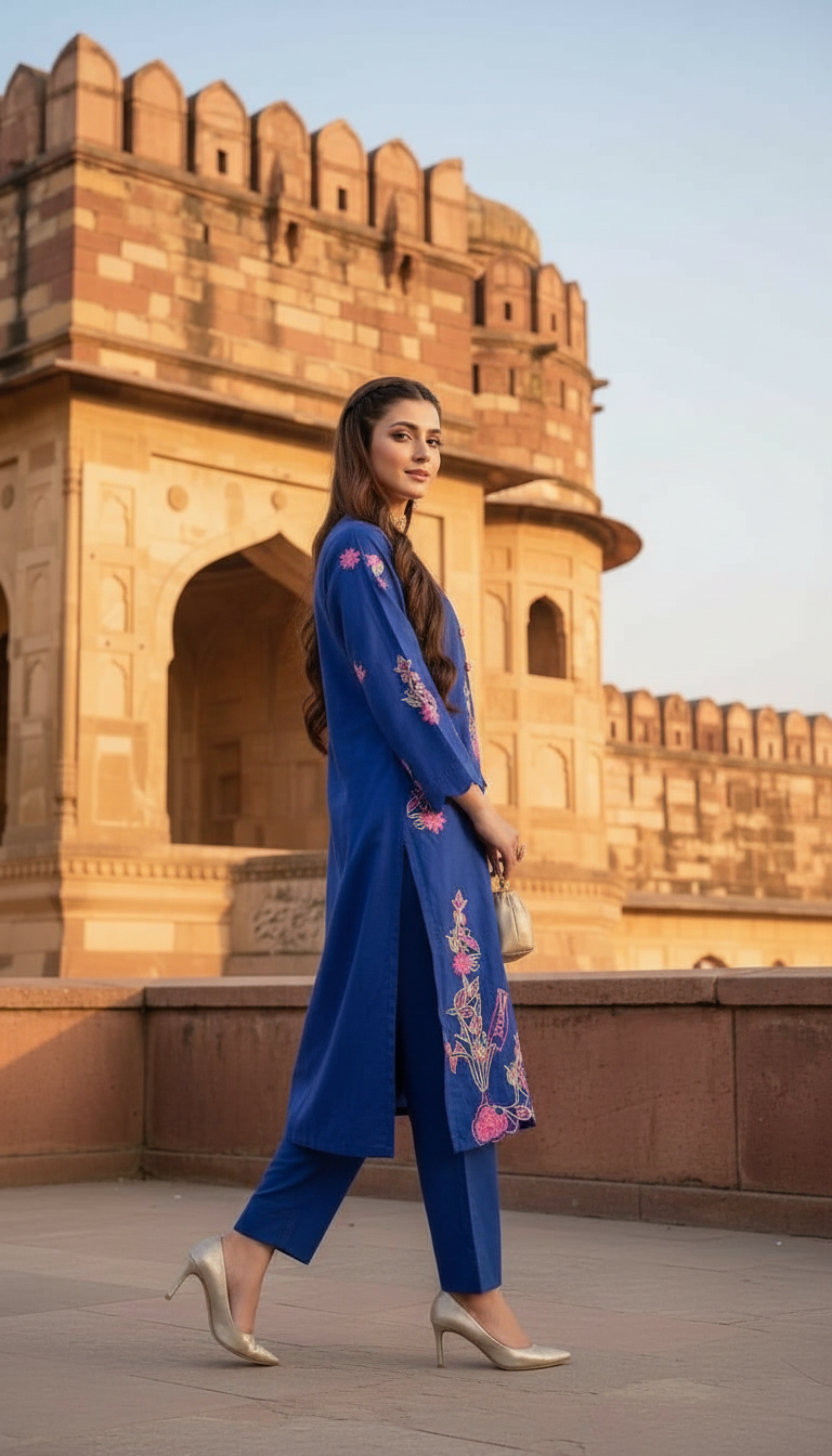 Amber Royal blue Embroidered 2 pcs Kaftan