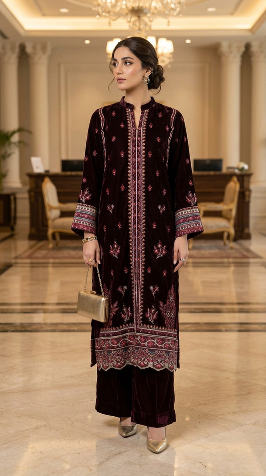Sahiba maroon Velvet Ready to Wear Embroidered Dress