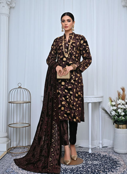 Full Brown Palachi Velvet Dress with Palachi Shawl and Velvet Trouser