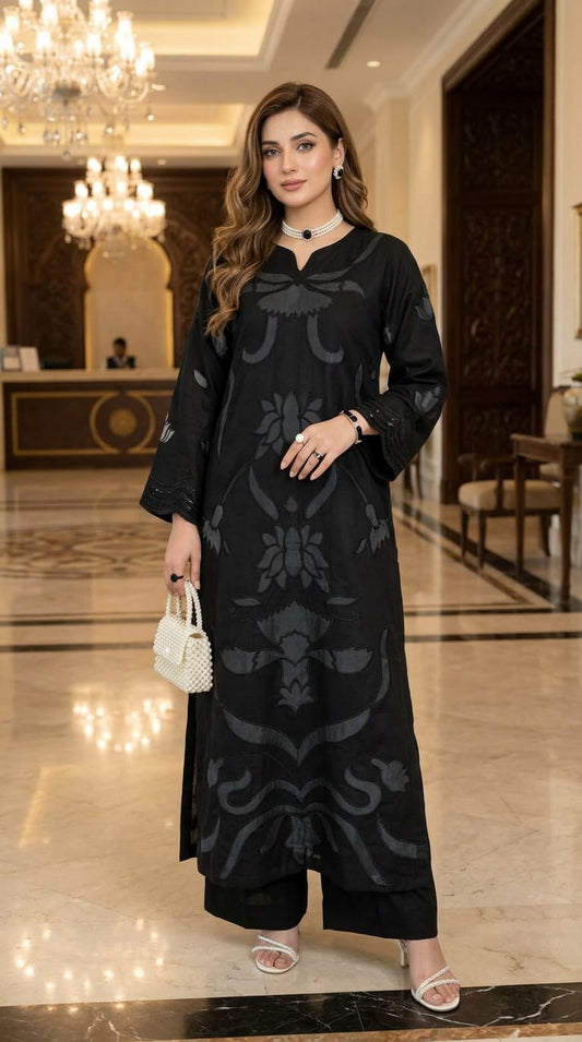 Black Cutwork Fully Embroidered 2 pcs Viscose dress