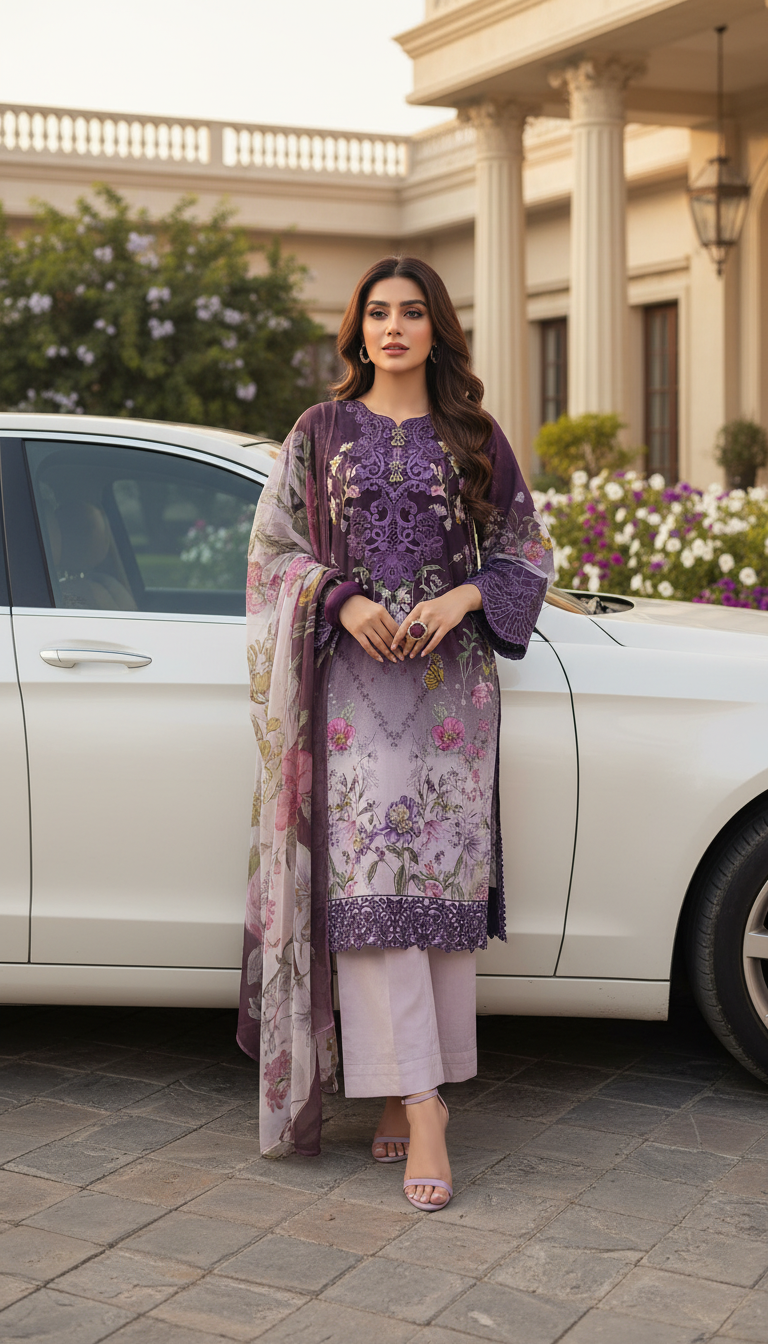 Lavvy Purple Embroidered Lawn 3 Pcs Dress