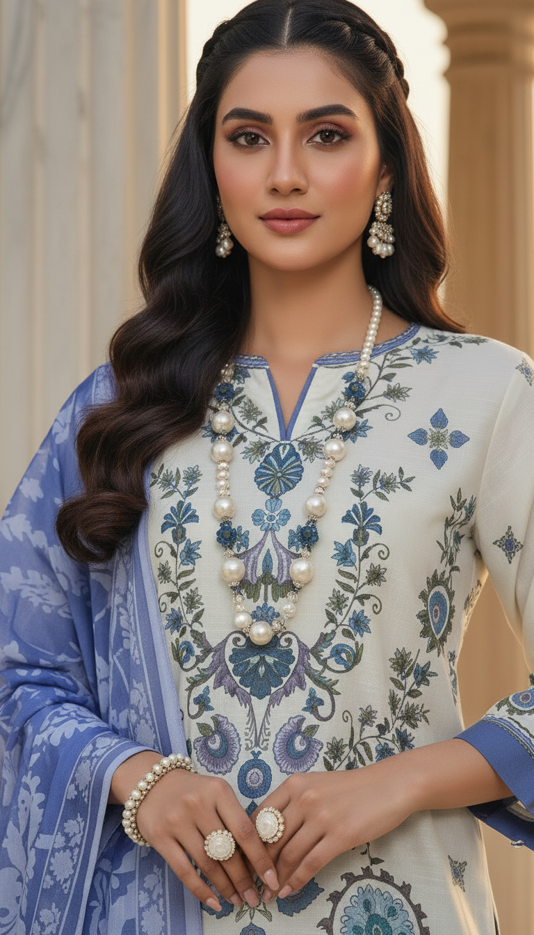 Cream Pearl Ready to Wear 3 Pcs Lawn Dress