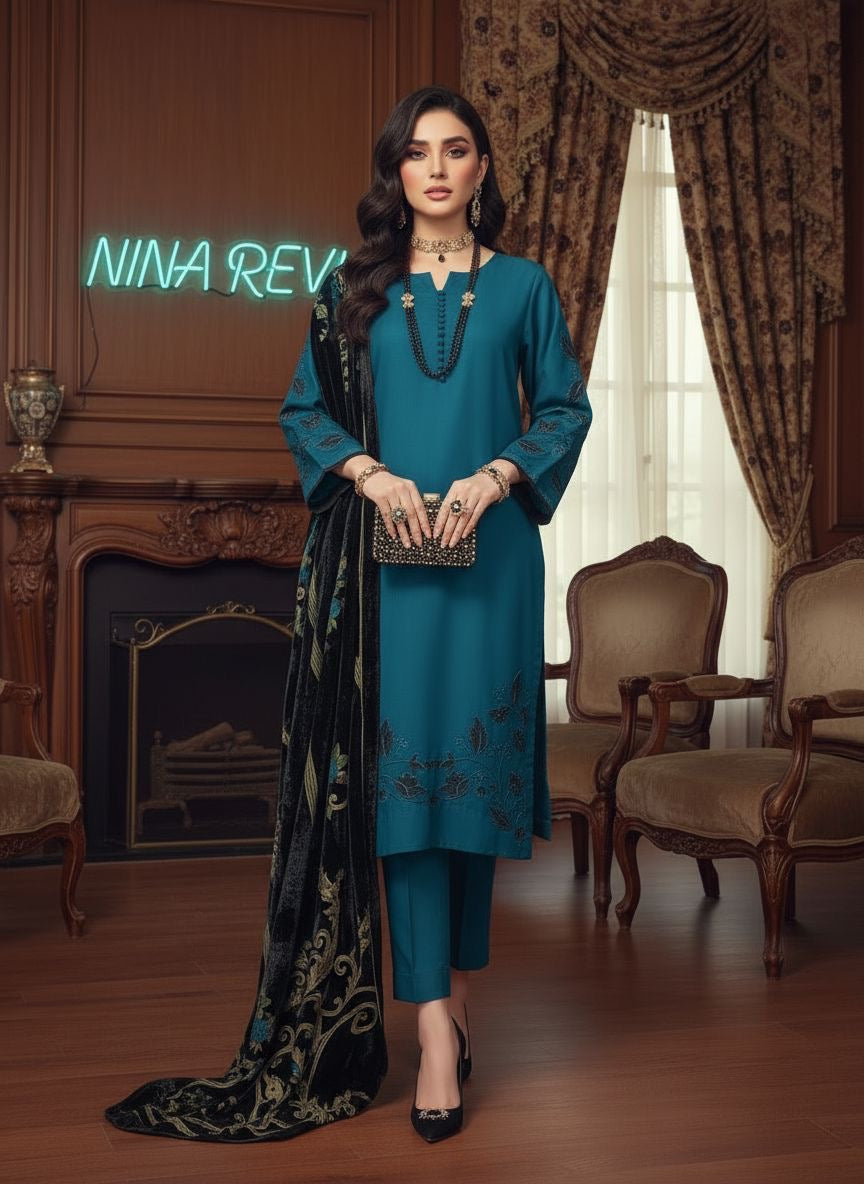 Mahira Teal Ready to Wear 3 Pcs Embroidered Dress
