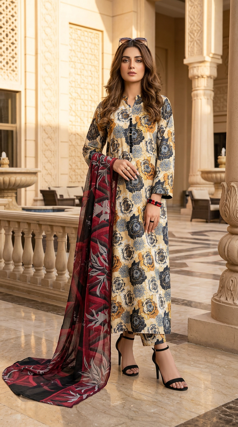 Azma Ready to Wear 3 Pcs Linen Dress with Chiffon dopatta