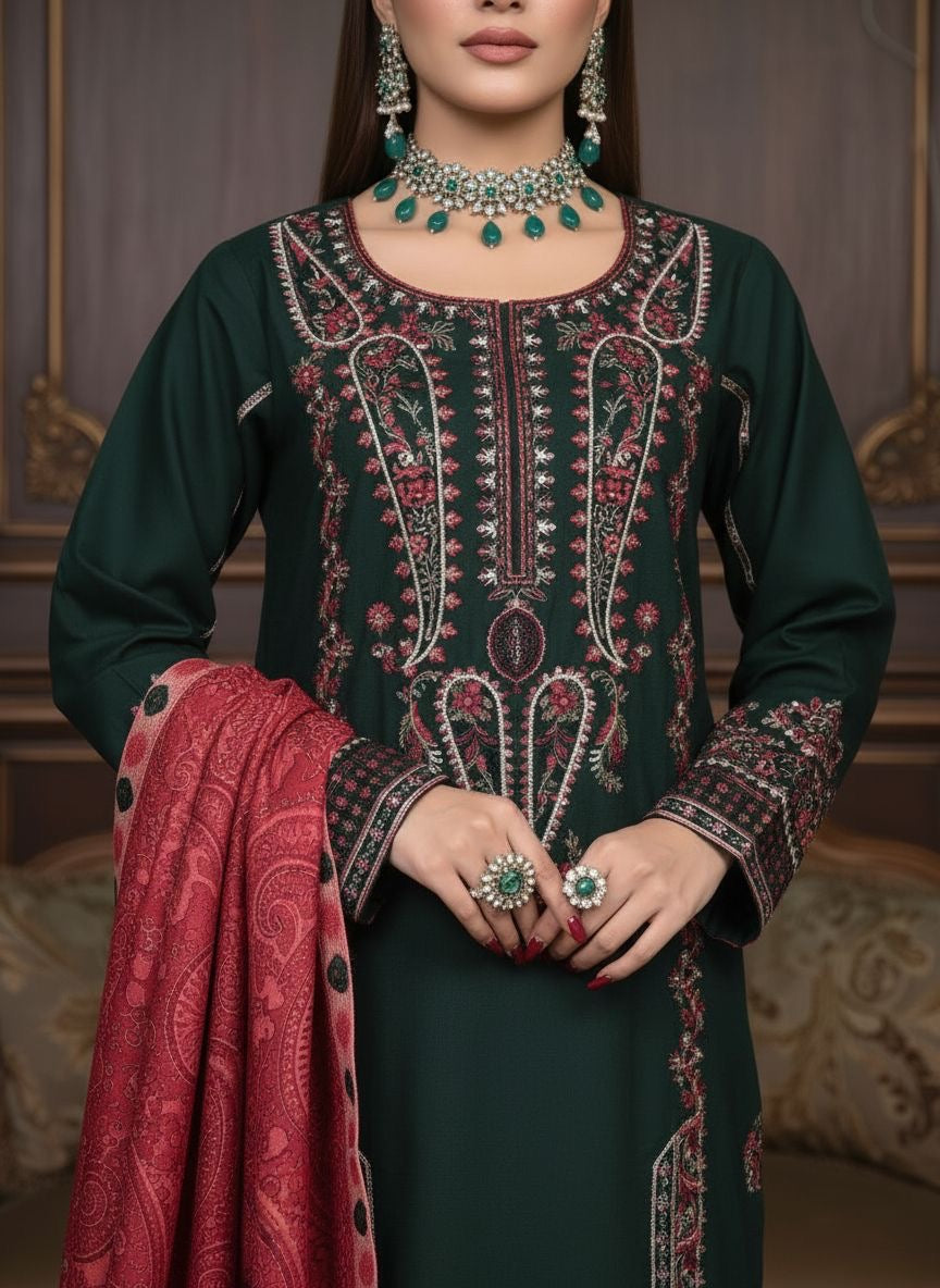 Green Classic Marina Ready to Wear 3 Pcs Embroidered Dress