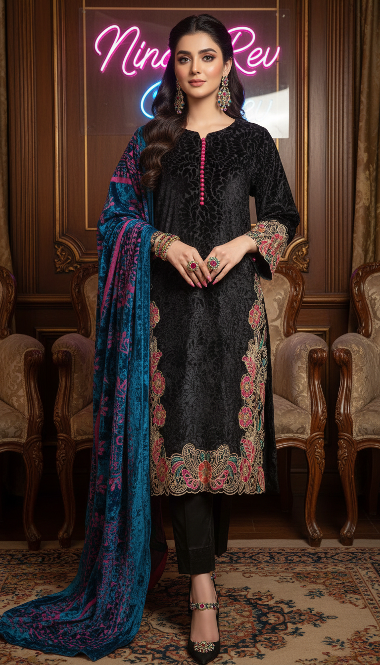 Akbari Black Velvet 3 pcs Embroidered Dress with Shawl