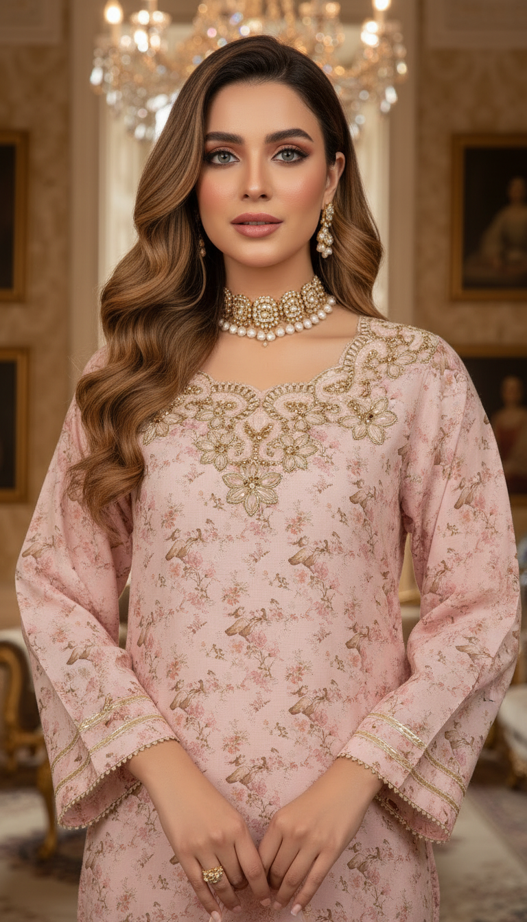 Maha Pink Ready to Wear 2 Pcs Hand Embroidered Dress