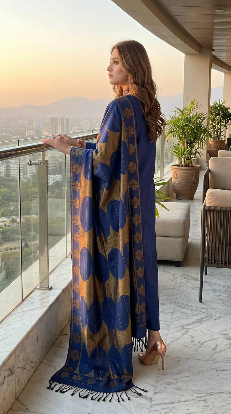 Bronze and Blue Kani shawl Ready to Wear 3 Pcs Dress