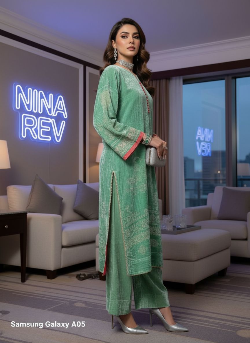 Pistachio French Velvet 2 Pcs Dress with Palachi Work