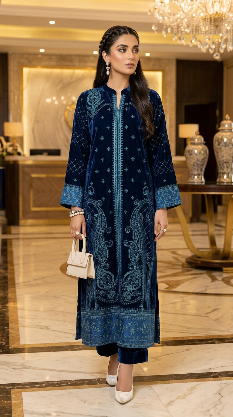 Lazen Navy Velvet Embroidered 2 Pcs Dress