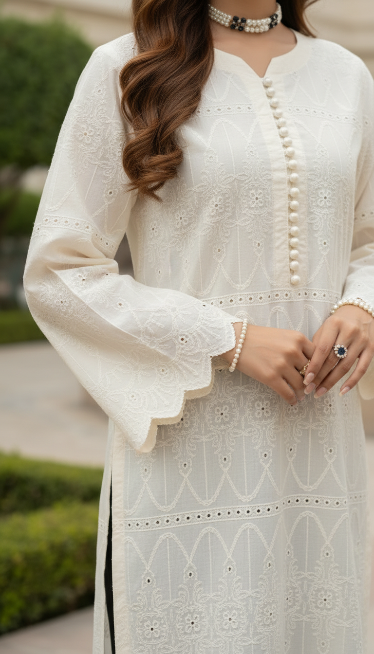 Humna Cream Chikankari Ready to Wear 2 Pcs Dress
