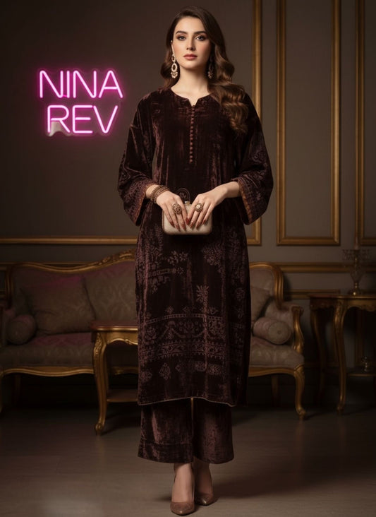 Reema Brown French Velvet 2 Pcs Dress with Palachi work
