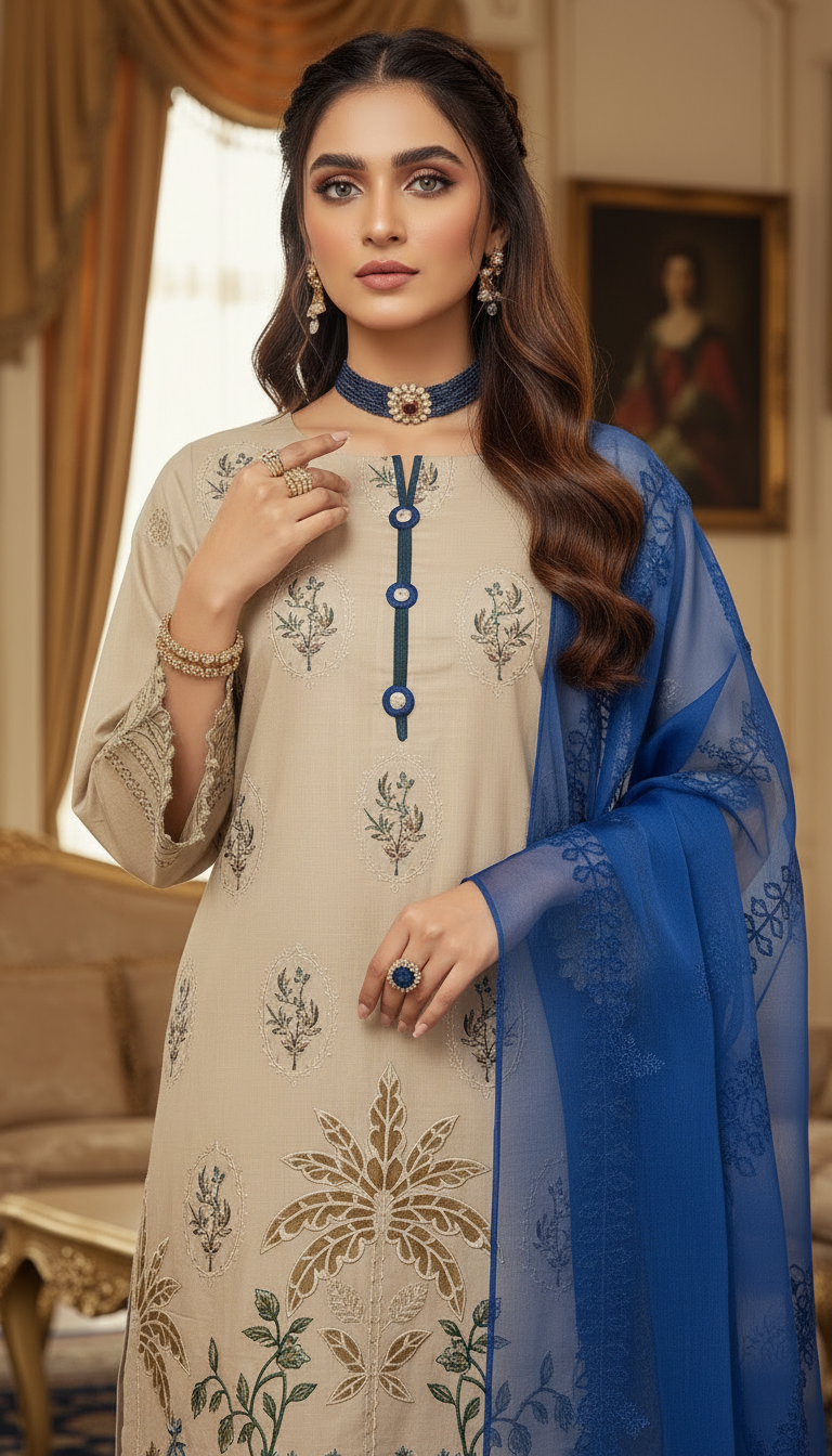 Beige and Blue Ready to Wear 3 Pcs Embroidered Dress