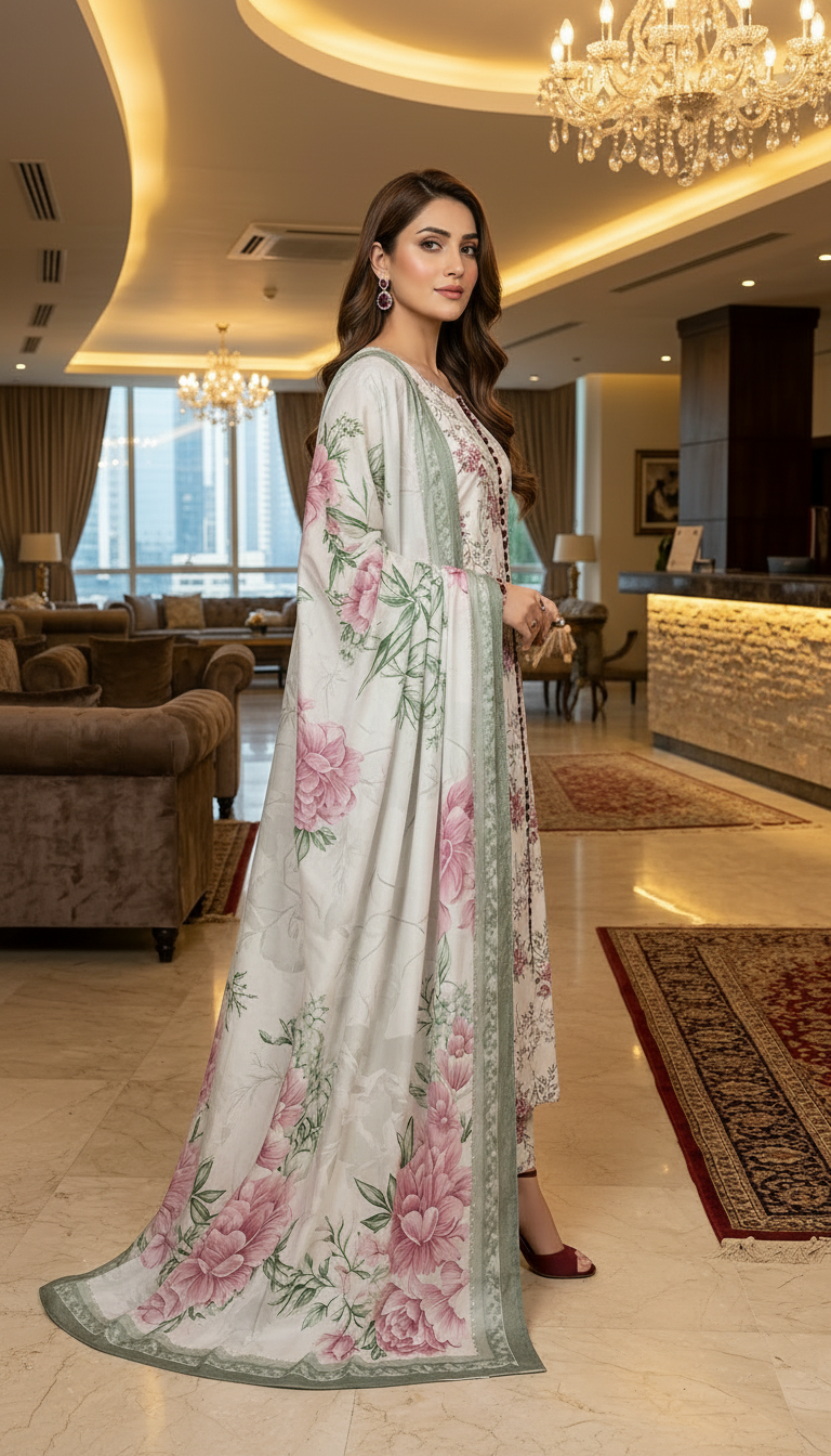 Elan Ready to Wear 3 Pcs Linen Dress with Silk dopatta