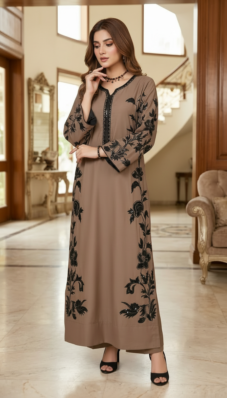 Shezana Brown Embroidered 2 Pcs kaftan Dress