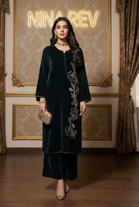 Natalia Green Velvet 2 Pcs Embroidered Dress