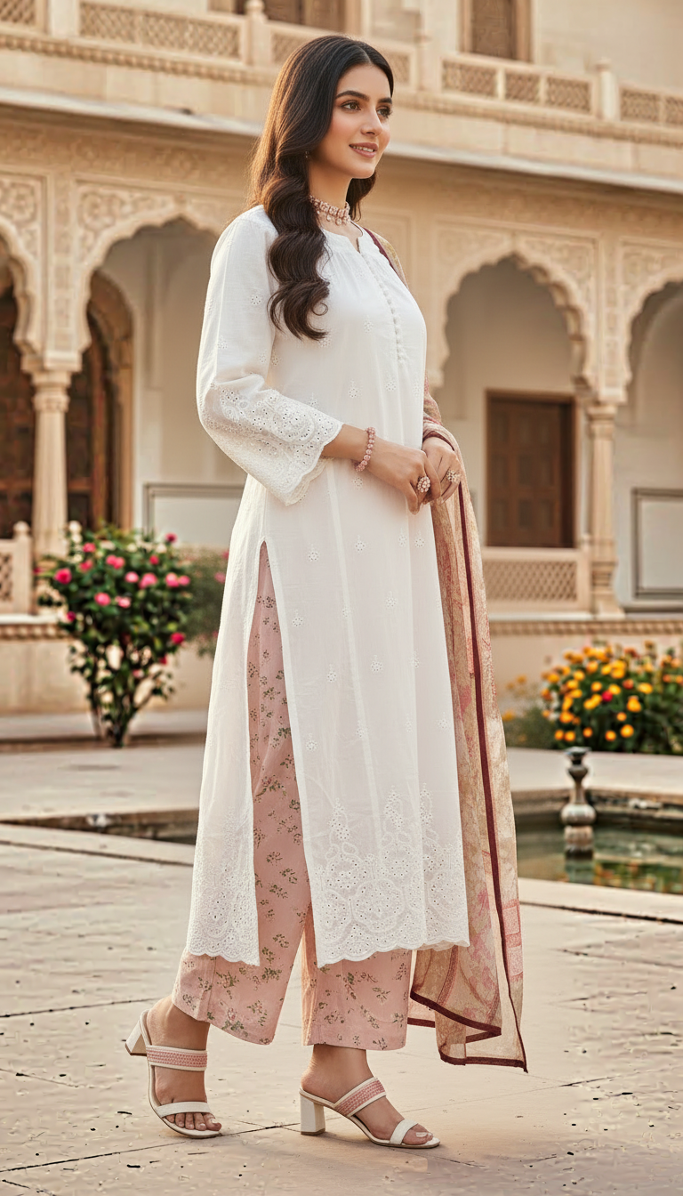White Chikankari Embroidered 3 Pcs Dress with Chiffon dopatta