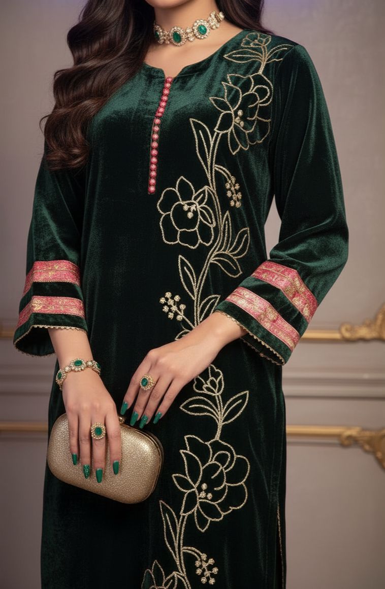 Karam Green Velvet Ready to Wear 2 Pcs Embroidered Dress
