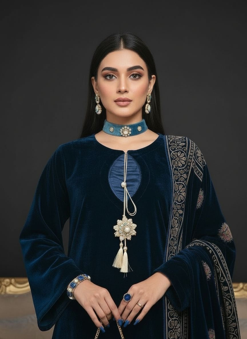 Areeba Teal Velvet Ready to Wear 3 Pcs Dress with Shawl