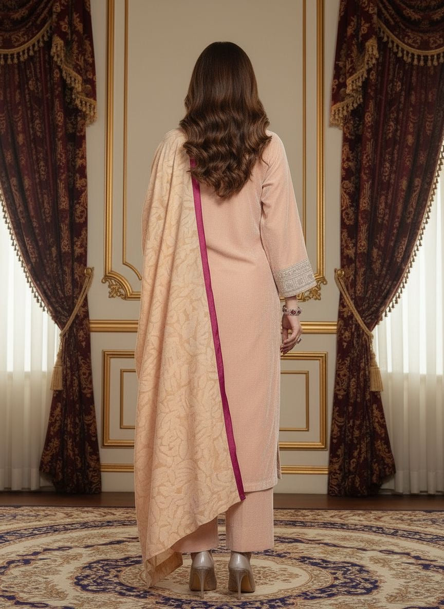Pink Pearl Velvet 3 Pcs Embroidered Dress with Palachi Shawl