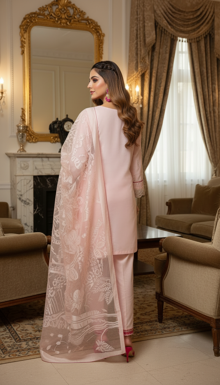Rhea Pink Full chikankari Embroidered Dress with Jacquard dopatta
