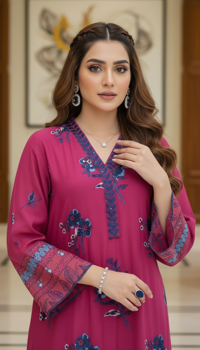 Pink Shimmer Kaftan 2 Pcs Embroidered Dress