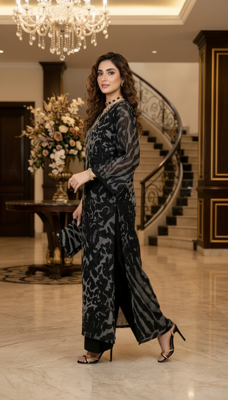 Uswa Black Lawn Ready to Wear 2 Pcs Kaftan Dress