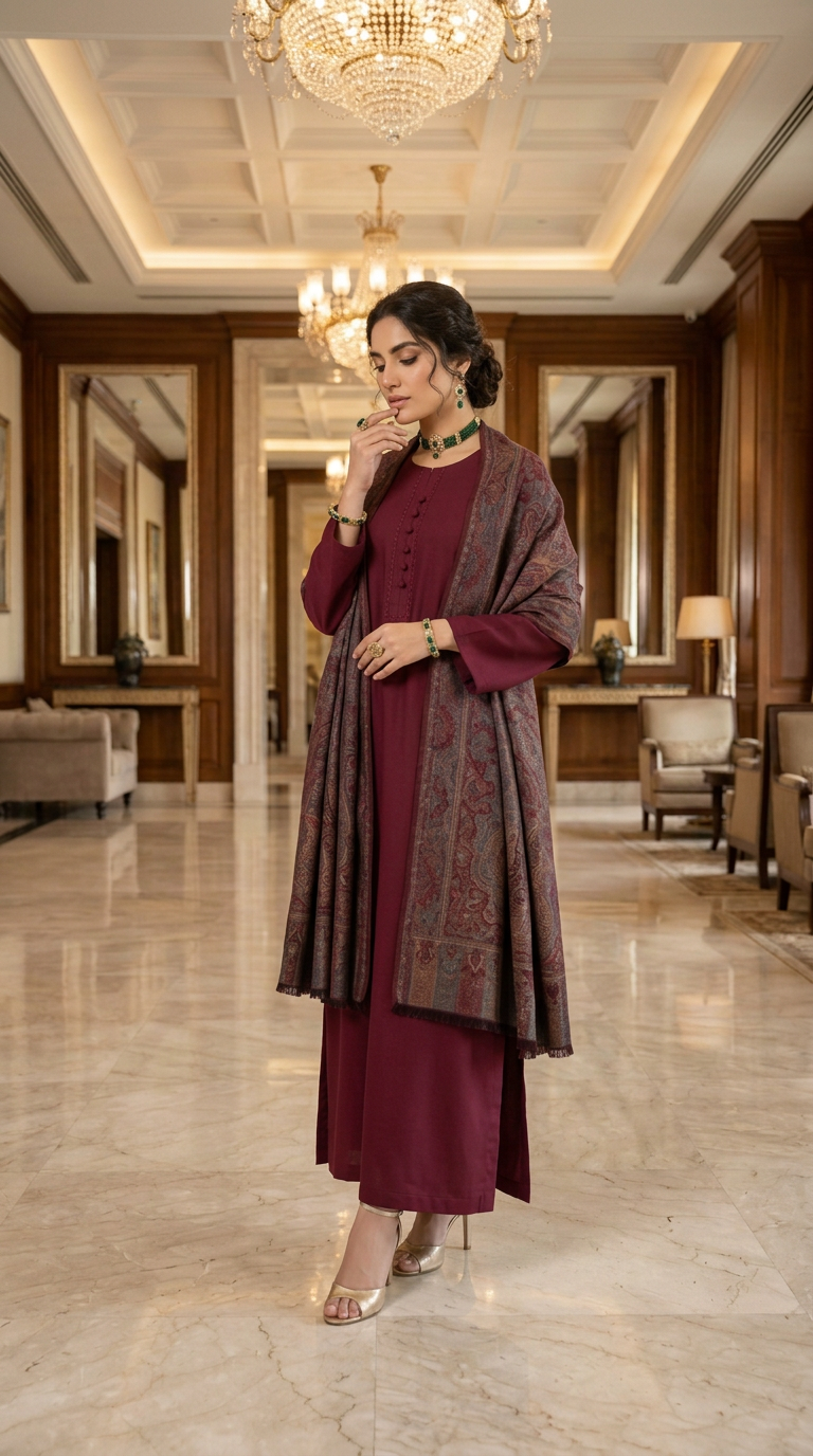 Rabail maroon Kani shawl Ready to Wear 3 Pcs Dress