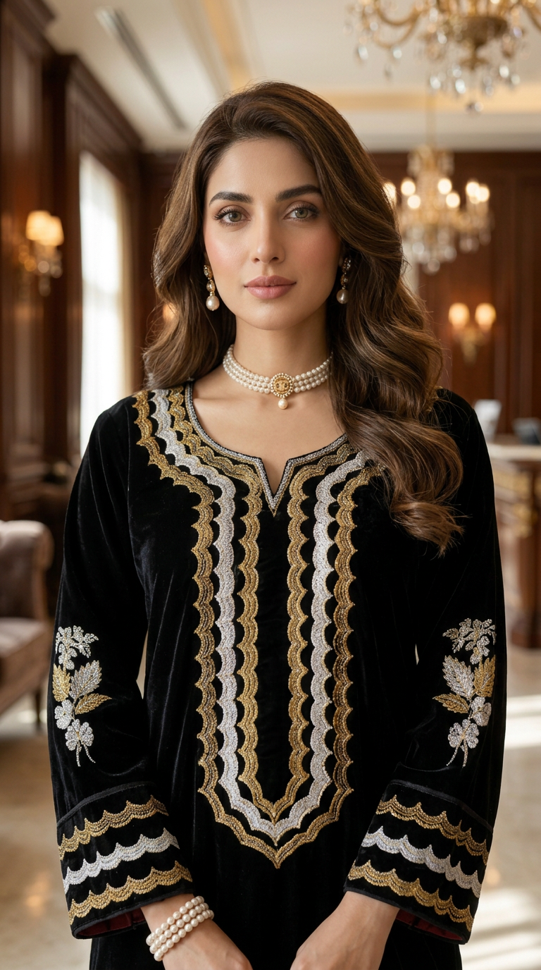 Ajea Velvet Ready to Wear 2 PCS Embroidered Dress