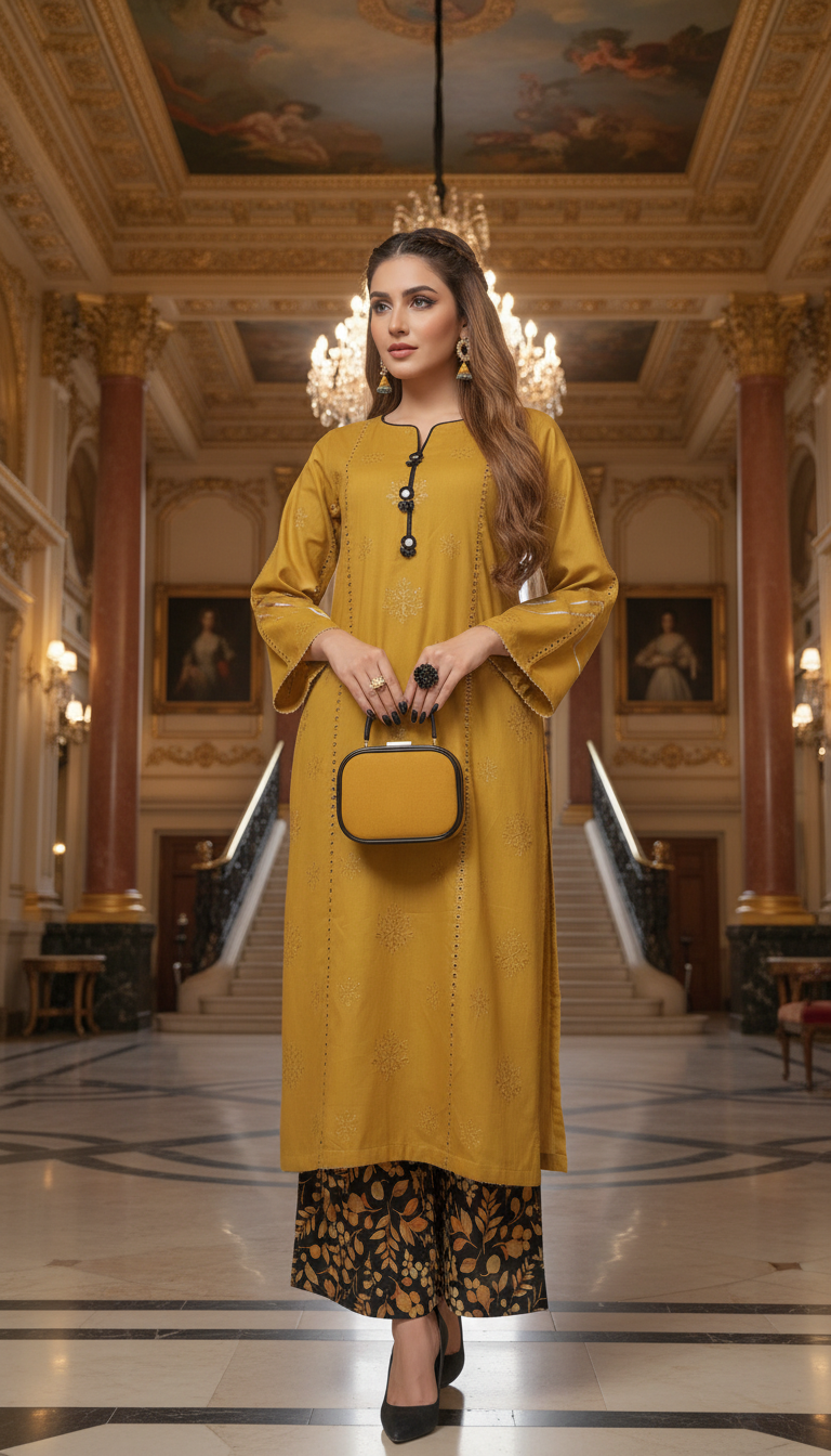 Simi Mustard Chikankari Ready to Wear 2 Pcs Dress