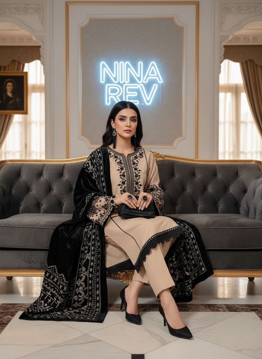 Samina Ready to Wear 3 Pcs Embroidered Dress with Palachi Shawl