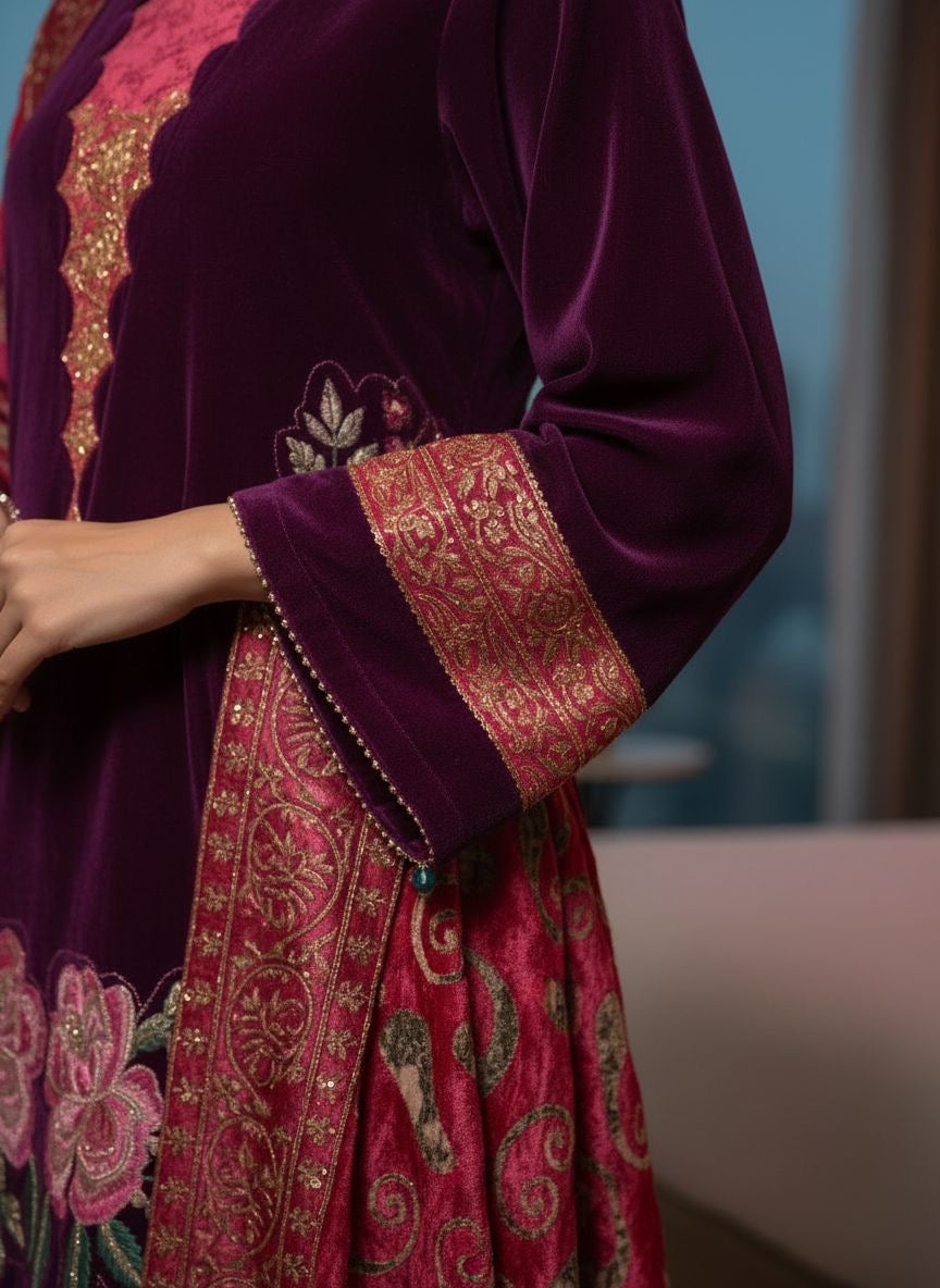 Hajra Purple Velvet Ready to Wear 3 Pcs Embroidered Dress with Palachi