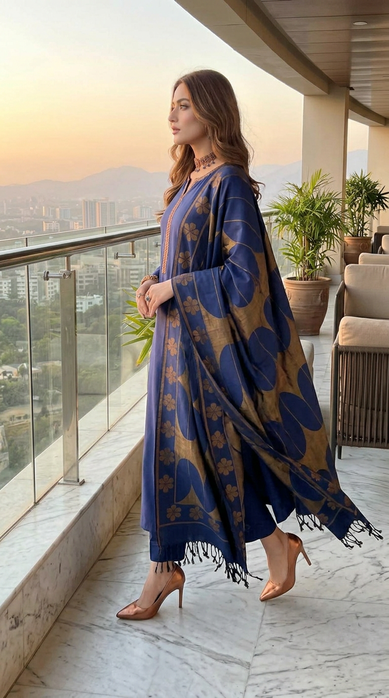 Bronze and Blue Kani shawl Ready to Wear 3 Pcs Dress