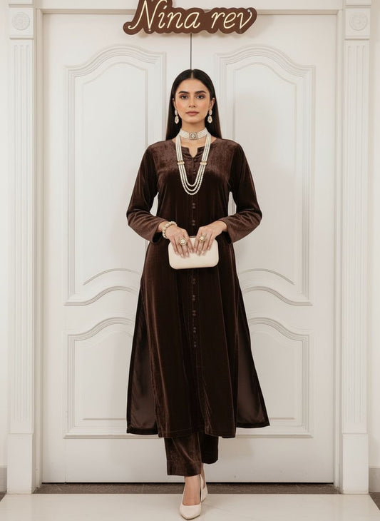 Brown De Luxe Ready to wear 2 Pcs Velvet Dress