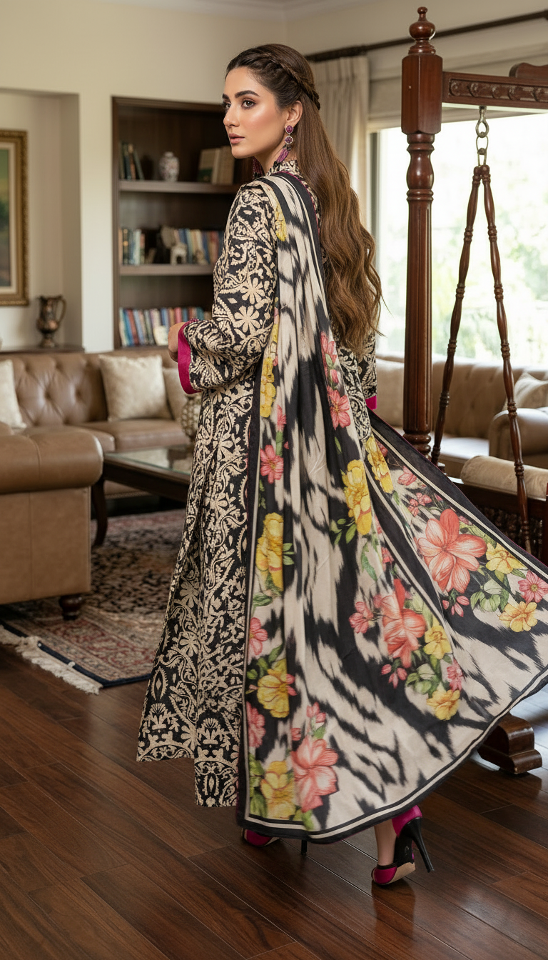 Mateer Navy Classic Ready to Wear 3 Pcs Dress with Silk dopatta
