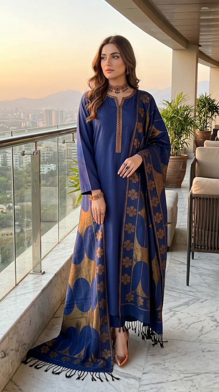 Bronze and Blue Kani shawl Ready to Wear 3 Pcs Dress
