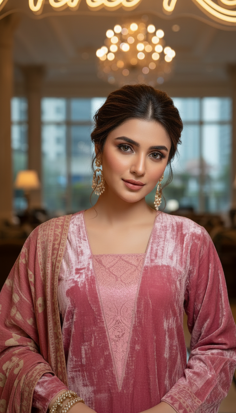 Fancy Pink French Velvet 3 Pcs Dress with Velvet Shawl