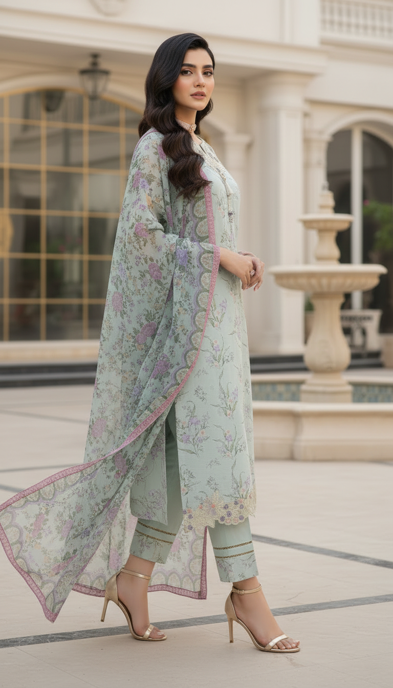 Lara mint Ready to Wear 3 Pcs Embroidered Dress