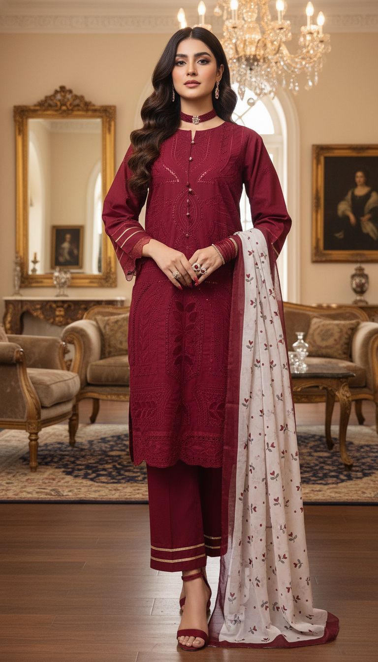 Ulfat Maroon Fully Chikankari Embroidered 3 Pcs Dress with Silk Dopatta