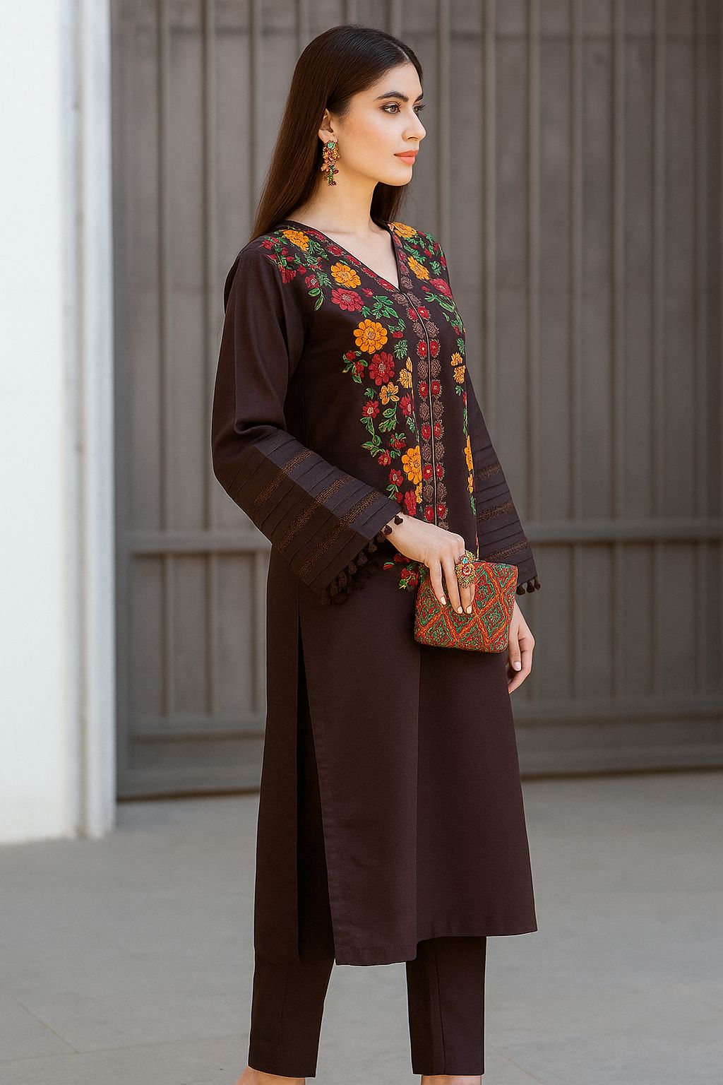 Brown Lush Ready to Wear 2 Pcs Embroidered Dress