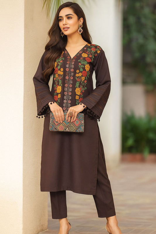 Brown Lush Ready to Wear 2 Pcs Embroidered Dress