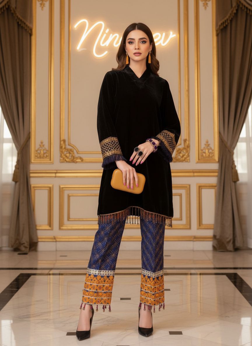Kamyar Black Velvet 2 Pcs Dress with fully Embroidered Trouser