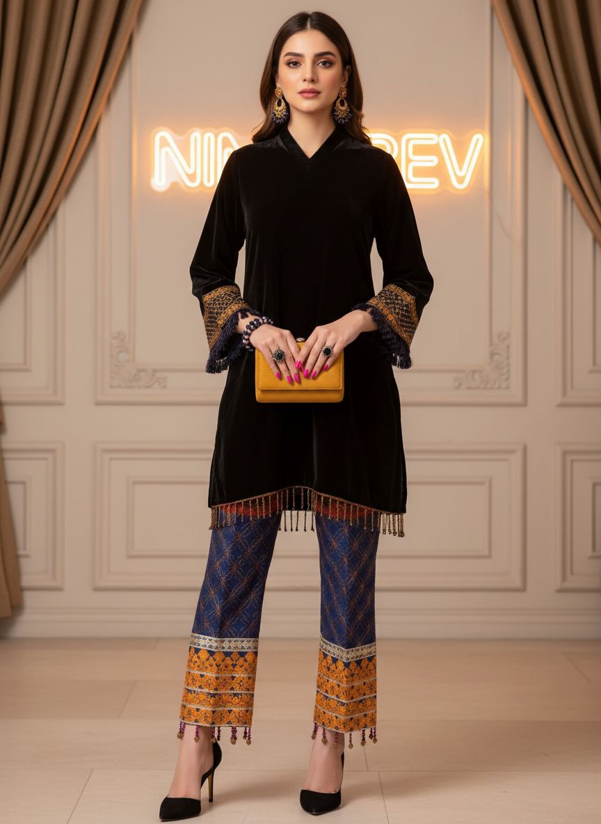 Kamyar Black Velvet 2 Pcs Dress with fully Embroidered Trouser