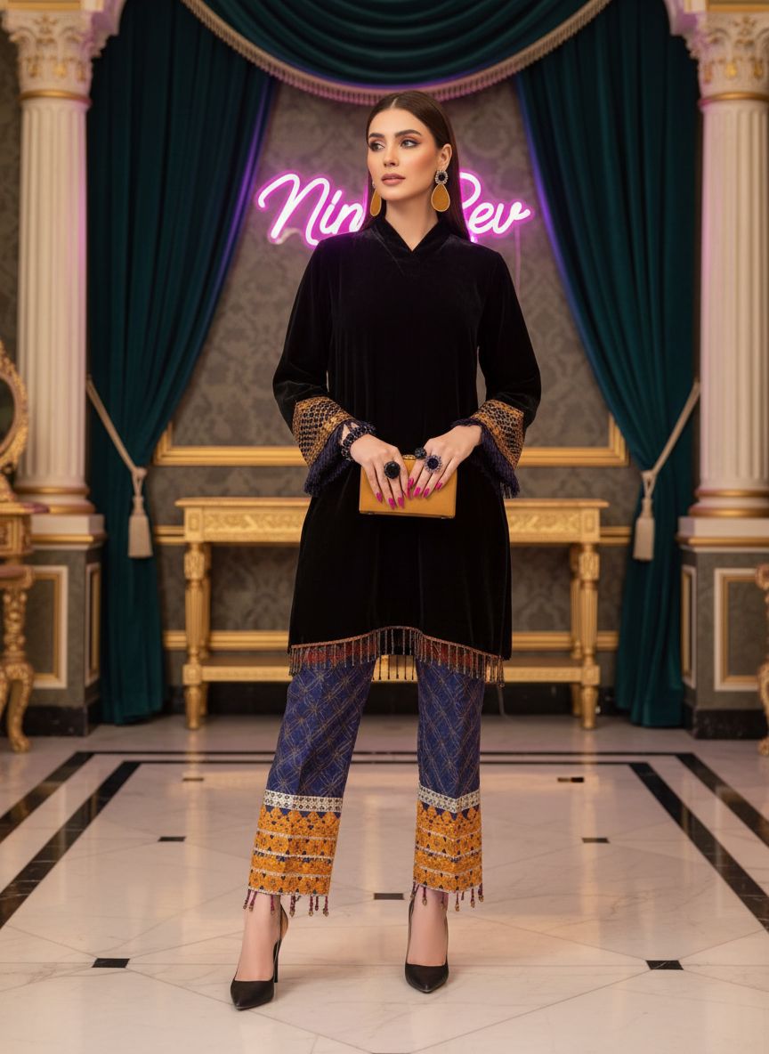 Kamyar Black Velvet 2 Pcs Dress with fully Embroidered Trouser